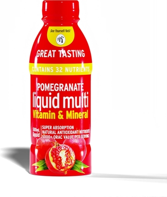 Pomegranate Liquid Multivitamins: Vitamins A B C D E and Mineral Supplement. Superfood - Super Absorption. 1 oz Equals 8 oz of Pomegranate Juice. No Sugar Added. PhD Doctor Formulated.