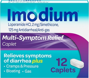 Multi-Symptom Relief Caplets with Loperamide Hydrochloride and Simethicone, Anti-Diarrheal Medicine for Treatment of Diarrhea, Gas, Bloating, Cramps & Pressure, 12 ct.