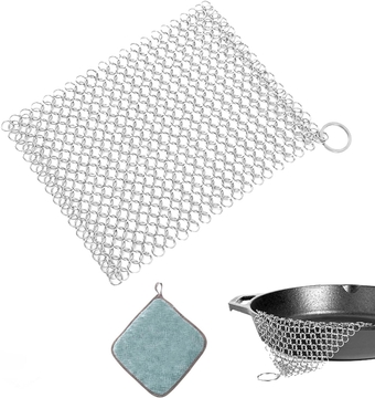Stainless Steel Cast Iron Skillet Cleaner Chainmail Cleaning Scrubber with Hanging Ring for Cast Iron Pan, Griddle Pans, BBQ Grills, Dutch Ovens and More Pot Cookware, with Dishcloth (8x6 inches)
