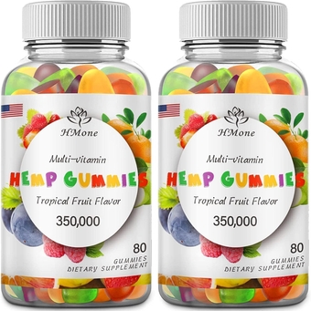 Hemp Gummies High Potency Organic Extra Strength Made with Hemp Oil Vegan Edible Bear Candy, Non-GMO, Low Sugar, Made in USA - 2 Packs