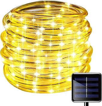 Solar Rope Lights, 100 LEDs 33ft/10M 2Modes Waterproof Solar String Copper Wire Light, Outdoor Rope Lights for Garden Yard Path Fence Tree Wedding Party Decorative (Warm White, 33)