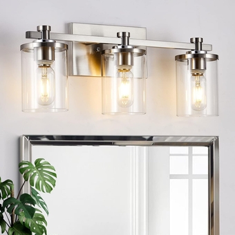 3 Light Bathroom Vanity Light, Brushed Nickel Vanity Lights Over Mirror, Brushed Nickel Vanity Lighting Fixtures for Bathroom, Bathroom Light Fixtures with Clear Glass Shade
