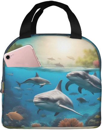Dolphins Sea Turtle Shark Octopus Coral Reusable Insulated Lunch Bag Cooler Tote Box Meal Prep For Men & Women Work Picnic Or Travel