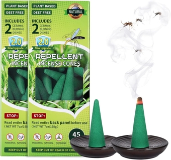 90 Cones 100% Natural Outdoor Mosquito Repellent Incense Cones Bug Repellent Outdoor Made with Citronella Oil,Lemongrass & Rosemary Oil -Non Toxic and DEET Free-Includes 4 Ceramic Dishes/2PACK
