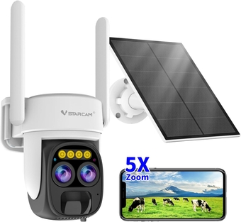 2K Solar Security Cameras Wireless, Solar Powered Security Camera,3MP Dual Lens Outdoor Security Camera with 5X Zoom, Color Night Vision, 2-Way Talk, IP66, Free Cloud Storage