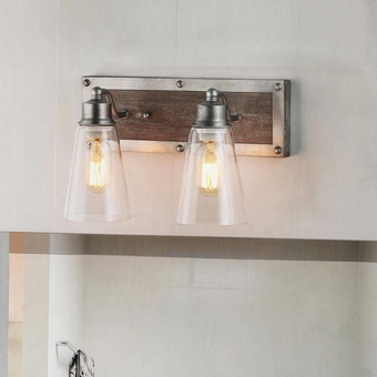 Bathroom Vantiy Light Fixtures, 2-Light Farmhouse Vanity Lights for Bathroom with Clear Glass Shade, Rustic Distressed Wood Bathroom Vanity Lights Over Mirror