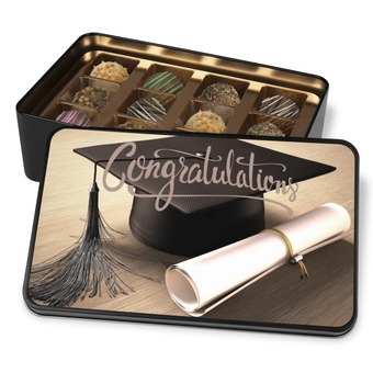 Congratulations Grad Truffle Box - Assorted Flavors in Commemorative Keepsake Tin Tin of 12 Truffles