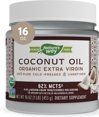 Organic Extra Virgin Coconut Oil, Pure and Unrefined, 62% MCTs, 16 Oz
