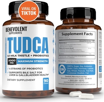 2000mg TUDCA Bile Salts Supplement Complex | Supports Liver Detox & Cleanse, Gallbladder, Gut & Kidney Health | 4:1 Milk Thistle + Probiotics for Max Absorption| USA Made | 90 Non-GMO V Capsules
