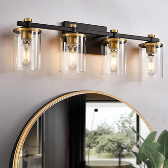 Bathroom Vanity Light 4-Light, Black and Gold Bathroom Light Fixtures with Clear Glass Shade, Vintage Bathroom Vanity Lights, Modern Wall Sconce for Bathroom, Living Room, Hallway, Bedroom