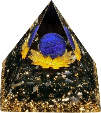 Orgone Pyramid Generator with Lapis Lazuli Crystal Sphere & Lotus Base, Energy Black Obsidan Stone Orgonite Decoration for Prayer, Meditation and Chakra Balancing