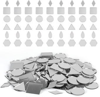 300 PCS Mirror Mosaic Tiles, Triangles/Squares/Rounds/Rhombus/Sexangle Drop-Shaped Mini Mirror Tiles, 1 Inch Mirror Pieces for Crafts, Disco Balls, Outdoor Decor, Interior Decoration