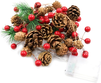 Christmas Pine Cone String Lights - 2 Pack Red Bell Red Berry Pine Cone LED Garland String Lights, Christmas Decorations for Home Garland Fireplace, 2 M 20 LED,Battery Operated(No Battery)