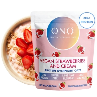 ONO Overnight Oats - Vegan Strawberries and Cream Protein Oatmeal (6 Pack)- 20g Vegan Protein, High Fiber, Low Sugar, Gluten-Free Overnight Oats, Breakfast Meal, Lions Mane Mushroom, On The Go