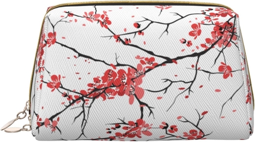 Delicate Cherry Blossoms Print Leather Travel Cosmetic Organizer, Zipper Pouch, Multifunctional Storage Cosmetic Bag