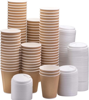 Set of 150 Brown Disposable Paper Cups with White Lids (6 oz.) | Ripple Insulated Kraft for Hot Drinks - Tea & Coffee | Triple Layer Design | Recyclable, Durable Paper