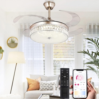 42 Inch Crystal Ceiling Fan with Light,Modern Retractable Flush Mount Low Profile Bladeless Chandelier Ceiling Fan with Lights and Remote for Bedroom Living Room Fandelier