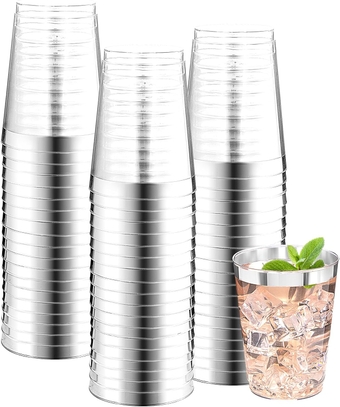 200 Pack Silver Plastic Cups 10 Oz Clear Plastic Cups Silver Rimmed Disposable Wine Glasses Fancy Disposable Party Cups Wedding Tumblers Drinking Cups Plastic Cocktail Glasses Silver Cups
