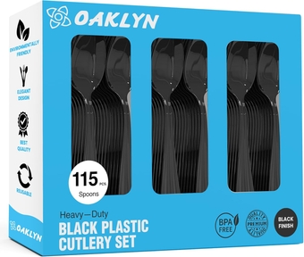 115 Count Heavy Duty Plastic Cutlery Spoons Black | BPA-Free, Heat-Resistant Disposable Silverware | Premium Plastic Utensils for Parties, Events, and Beyond