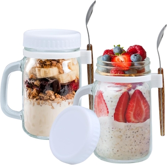 Overnight Oat Jars, Overnight Oats Container with Lid, Spoon and Handle, 16 oz for Overnight Oats, Oatmeal, Yogurt, Parfait, Chia Pudidng, Salad, Cereal, Fruit, Meal Prep (2 White)