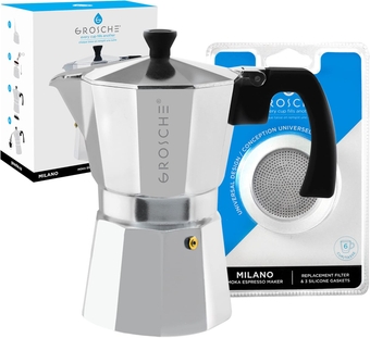 Milano Stovetop Espresso Maker Moka pot 6 espresso Cup - 9.3 oz, Silver and 3 Replacement Seals Gaskets Bundle Stove top coffee maker Moka Italian espresso coffee maker and replacement gaskets