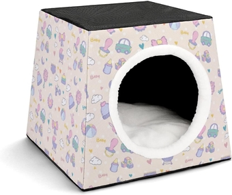Printed Pet House for Cats or Small Dogs Indoor Cat Bed Sofa Outdoor Cat Cube Condo Cute Cartoon Elements