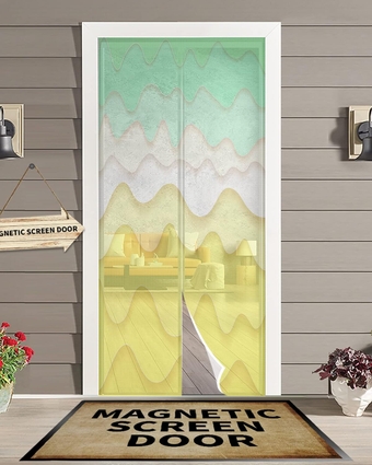 Geometric Stripes Magnetic Screen Door for Sliding/Single/French Doors, Self Sealing Magnets Patio Door Screen Heavy Duty Mesh Curtain, Cartoon Cute Kids Minimalist Art