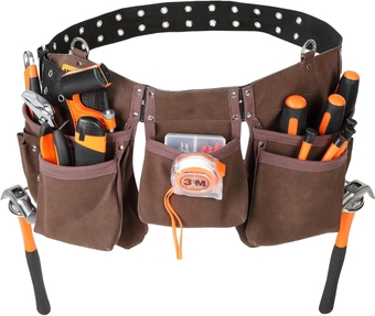 13 Pockets Tool Belt, Adjusts from 29 Inches to 54 Inches, Leather Heavy Duty Tool Pouch Bag with Dual Hammer Loops, Tool Bag for Electrician, Carpenter, Handyman, Construction, Framer, Brown