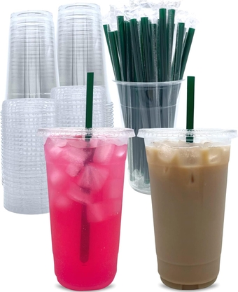 [100 Sets] 32 oz Clear Plastic Cups with Lids and STRAWS, Disposable Party Cups for To Go Iced Coffee Cold Drinks, Smoothie, Juice, Parfait, Frappuccino, Milkshake. No Leaking Fruit Cup