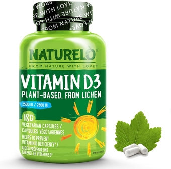 Vitamin D - 2500 IU - Plant Based from Lichen - Natural D3 Supplement for Immune System, Bone Support, Joint Health - Vegan - Non-GMO - Gluten Free - 180 Mini Capsules