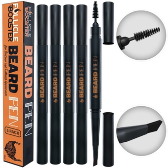 Beard Pen Filler for Men - Barber Styling Grooming Pencil with Brush - Waterproof Proof, Sweat Proof, Long Lasting Solution with Natural Finish - Cover Beard and Scalp Patches - Jet Black 5 Pack