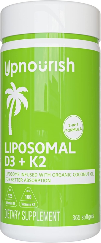 Liposomal D3 & K2 MK-7, Advanced Absorption for Optimal Bone and Immune Health, Supplies 5000 IU 125 mcg Vitamin D3 and 100 mcg Vitamin k2 with Organic Coconut Oil, 365 Mini softgels