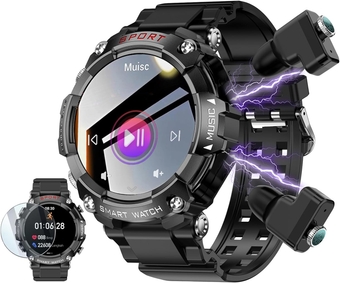 Smart Watch with Earbuds, 1.52" HD Screen Smartwatch for Men, Rugged Military Bluetooth Call Fitness Tracker,3 in 1 Bluetooth Watch with Local Music,Sleep Monitor,Heart Rate