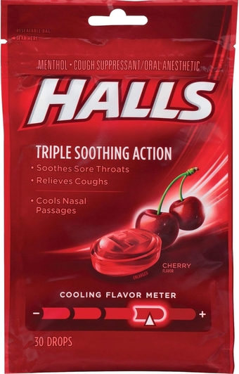 Adams 62182 Halls Cherry Cough Drops, 30 Pcs, 12/BX, Red