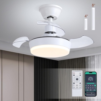 24" Small Retractable Blades Ceiling Fans with Remote and APP,Modern White Fandelier Ceiling Fans with Dimmable LED Lighting for Dining Room,Kitchen,Reversible