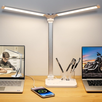 Dual Swing Arm LED Desk Lamps, 5 Light Modes x 10 Brightness Levels Desk Light with USB Charging Port, 45 Minutes Auto Timer Table Lamp, Desk Lamp for Home Office, Bedroom, Reading/Study