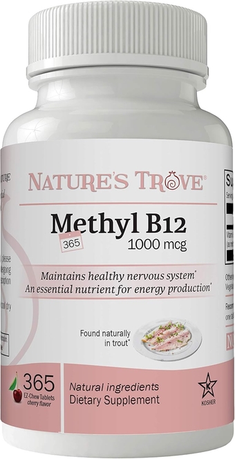 Vitamin B12 Methylcobalamin 1000 mcg, 365 Count, B12 Chewable Vitamins, Cherry Flavor