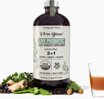 Flora Biome - Live Probiotic, Prebiotic & Postbiotic – Organic Live-Culture – 10 Probiotic Strains, 19 Fermented Herbs, 50 Billion CFU - Complete Gut  & Microbiome Optimizer (16 oz)