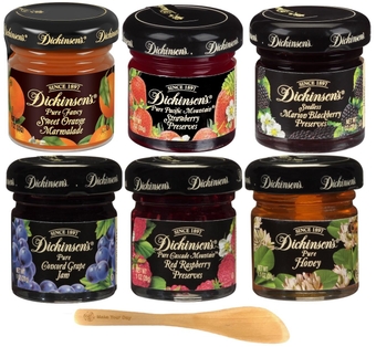 Dickinson's Jams & Preserves Variety, Sweet Orange Marmalade, Strawberry Preserves, Seedless Blackberry, Concord Grape Jam, Red Raspberry, and Pure Honey, 1 Ounce Mini Bottles (Pack of 6) - with MYD Spreader