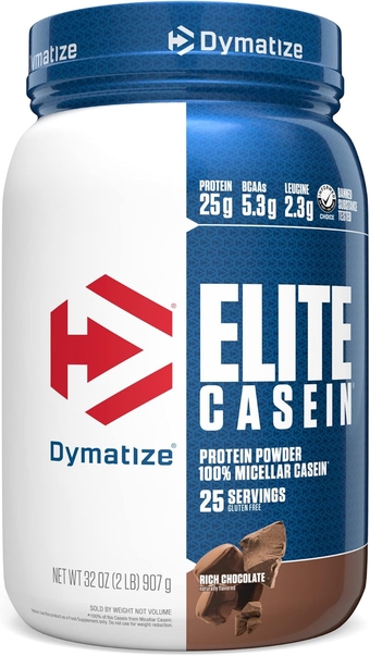 Elite Casein Protein Powder, Slow Absorbing with Muscle Building Amino Acids, 100% Micellar, 25 g Protein, 5.3 g BCAAs & 2.3 g Leucine, Helps Overnight Recovery, Rich Chocolate, 32 Oz