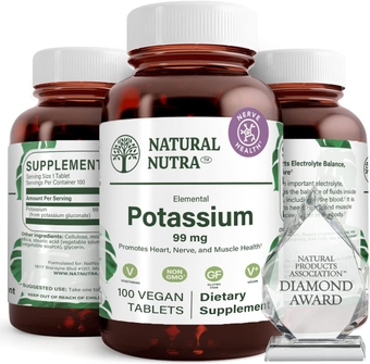 Elemental Potassium Gluconate Dietary Supplement, Energy and Nervous System Health, Maintains Optimal Fluid Balance, Promotes Heart Health, 99 mg, 100 Vegan Tablets