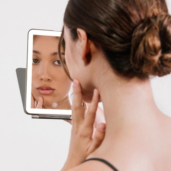 Handheld Makeup Mirror with Lights, Mini Pose 2.0 (Blush) - Travel LED Mirror with 3X & 5X Magnification - Dimmable Lighting & Micro-USB Rechargeable Lighted Compact Mirror