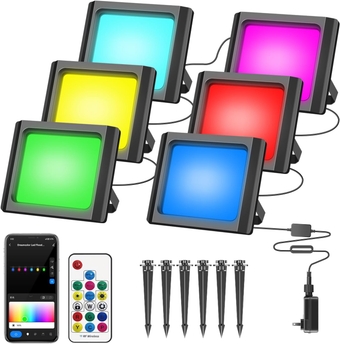 6-Pack RGBW Smart WiFi LED Flood Light with Voice&App&Remote Control, LED Floodlight Outdoor IP66 Waterproof Landscape Lighting, Colorful Floodlight for Outdoor Halloween Christmas Home Decor