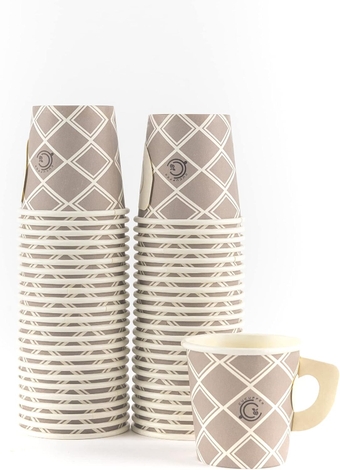Disposable Espresso Cups with Wide Comfort Handles - Set of 50 Durable 4 Oz Cups for Coffee, Tea, Cocoa, Juice, and More - Stylish Printed Paper Coffee Cups, Taupe/Cream
