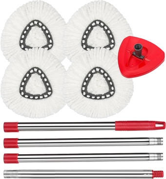 Adaptedfor O-CEDA EasyWring Microfiber Spin Mop Replacement Set - Adjustable Handle, Baser, Spin Mop Head,4 Microfiber Mop Refills,1 Triangle Mop Head Cover and 30-58in Mop Handle Set Combo(White) (4)