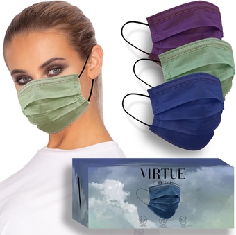 VIRTUE CODE Support Face Masks - Soft 3 Ply Comfort Face Masks, Colorful Disposable Face Mask 50 Pack. Blue Purple Green Colored Masks. Adults Mens and Womens Disposable Face Masks