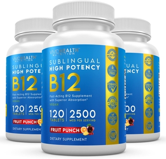 Energy Boosting Vitamin B12 Sublingual (3 Bottles) Quick Dissolve, High Potency Vegan B-12 with Methylcobalamin for Metabolic & Brain Support, 120 Fruit Punch Tablets