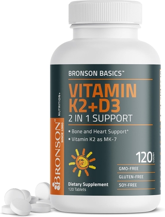 Basics Vitamin K2 D3 (MK7) Supplement Non-GMO Formula 5000IU (125 mcg) Vitamin D3 & 90 mcg Vitamin K2 MK-7 Easy to Swallow Vitamin D & K Complex, 120 Tablets