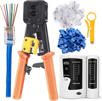 RJ45 Crimp Tool Ethernet Crimper for RJ45 Cat6 Cat5 Cat5e Pass Through Connectors and RJ12 Plug Ends with 50PCS RJ45 Cat6 Connectors, RJ45 Cable Tester and Mini Wire Stripper