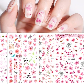Flower Nail Art Stickers Decals Pink Cherry Blossoms 3D Nail Sticker Summer Floral Leaves Adhesive Transfer Decal Slider Spring Fall Nail Decorations for Acrylic Nails DIY Nail Art Supplies 10 Sheets